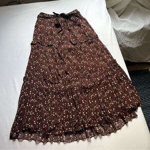 CLEOBELLA brown burgundy floral ruffle tiered belted midi skirt
